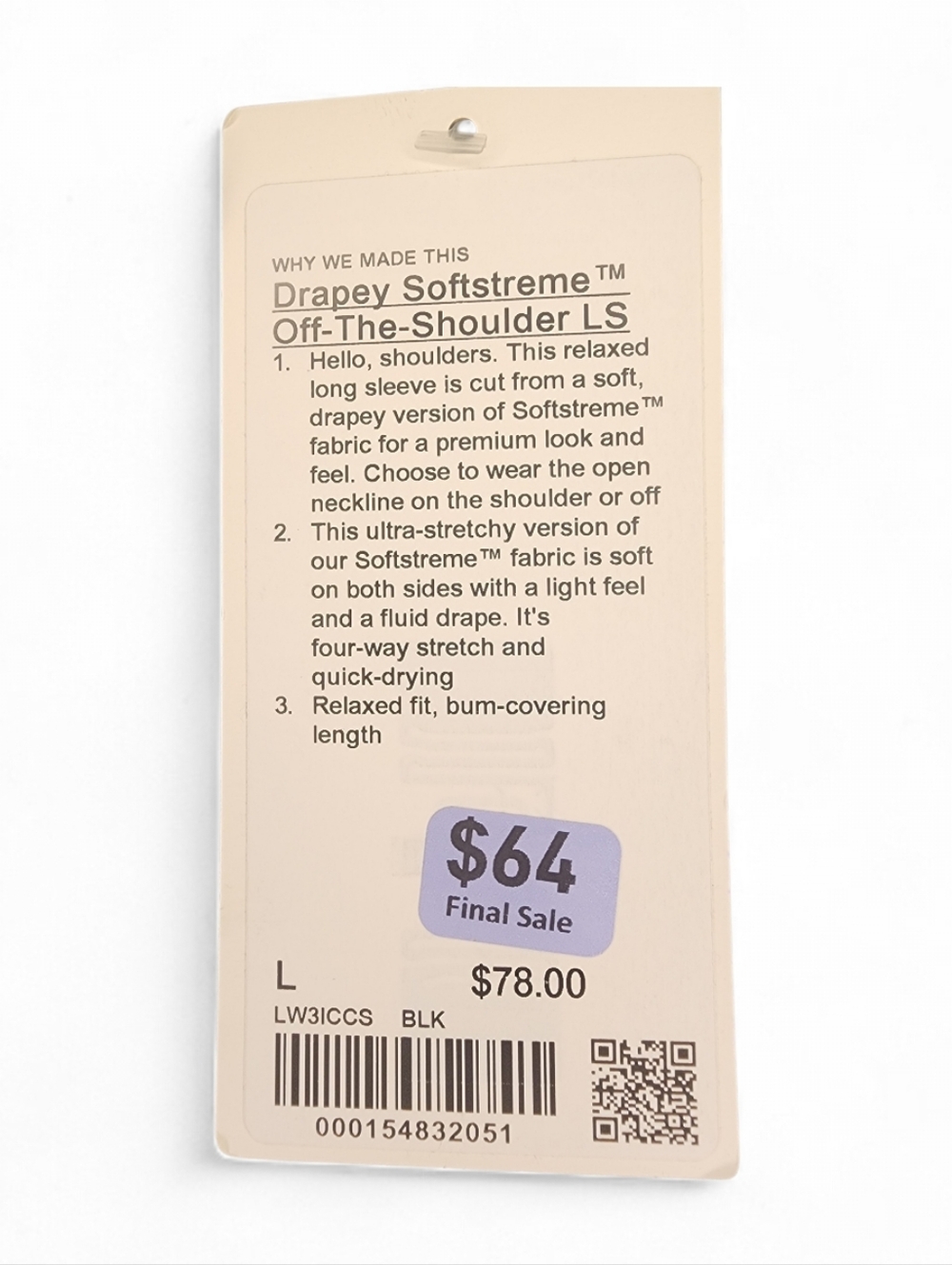 NWT Lululemon Drapey Softstreme Off-The-Shoulder Long-Sleeve Shirt, Womens Large - Picture 3 of 3